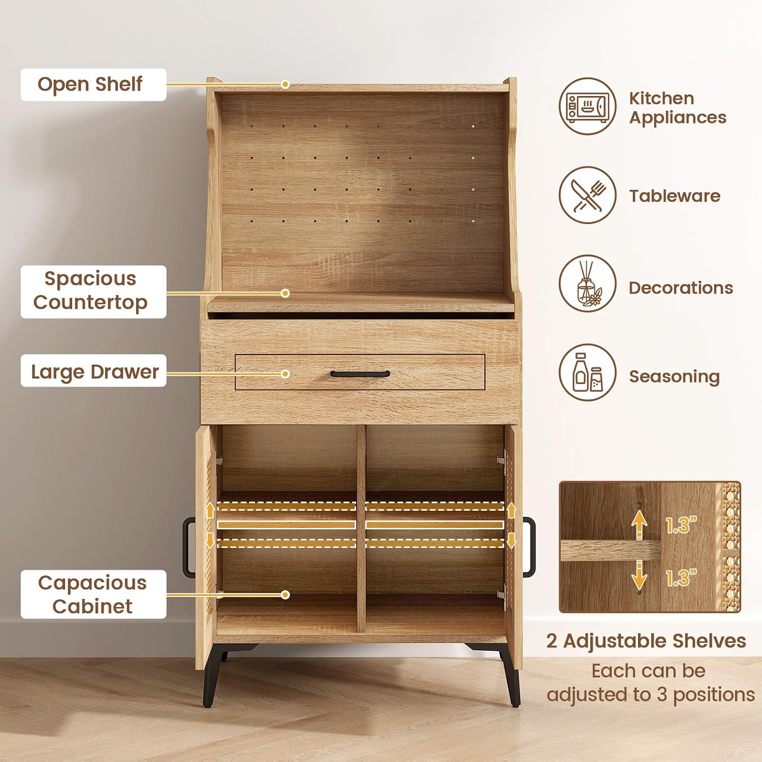 LDAILY Kitchen Pantry Cabinet, Rattan Buffet Cabinet with Hutch, DIY Pegboard, Adjustable Shelf, Drawer, Farmhouse Sideboard Buffet Cabinet with Storage for Coffee Bar, Natural Oak