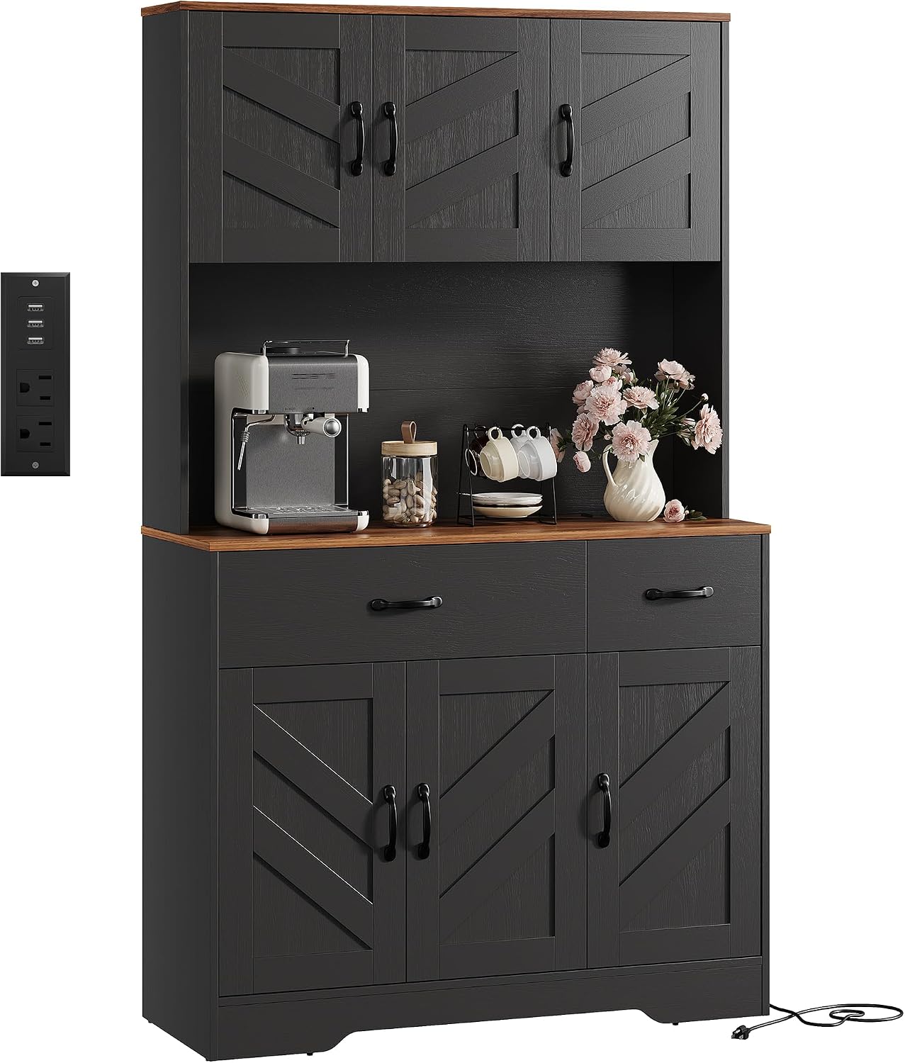 IDEALHOUSE 71' Kitchen Pantry Storage Cabinet with Charging Station, Farmhouse Kitchen Hutch Cabinet with 2 Storage Drawers, Large Food Pantry with Microwave Stand for Dining Room,Living Room,Black