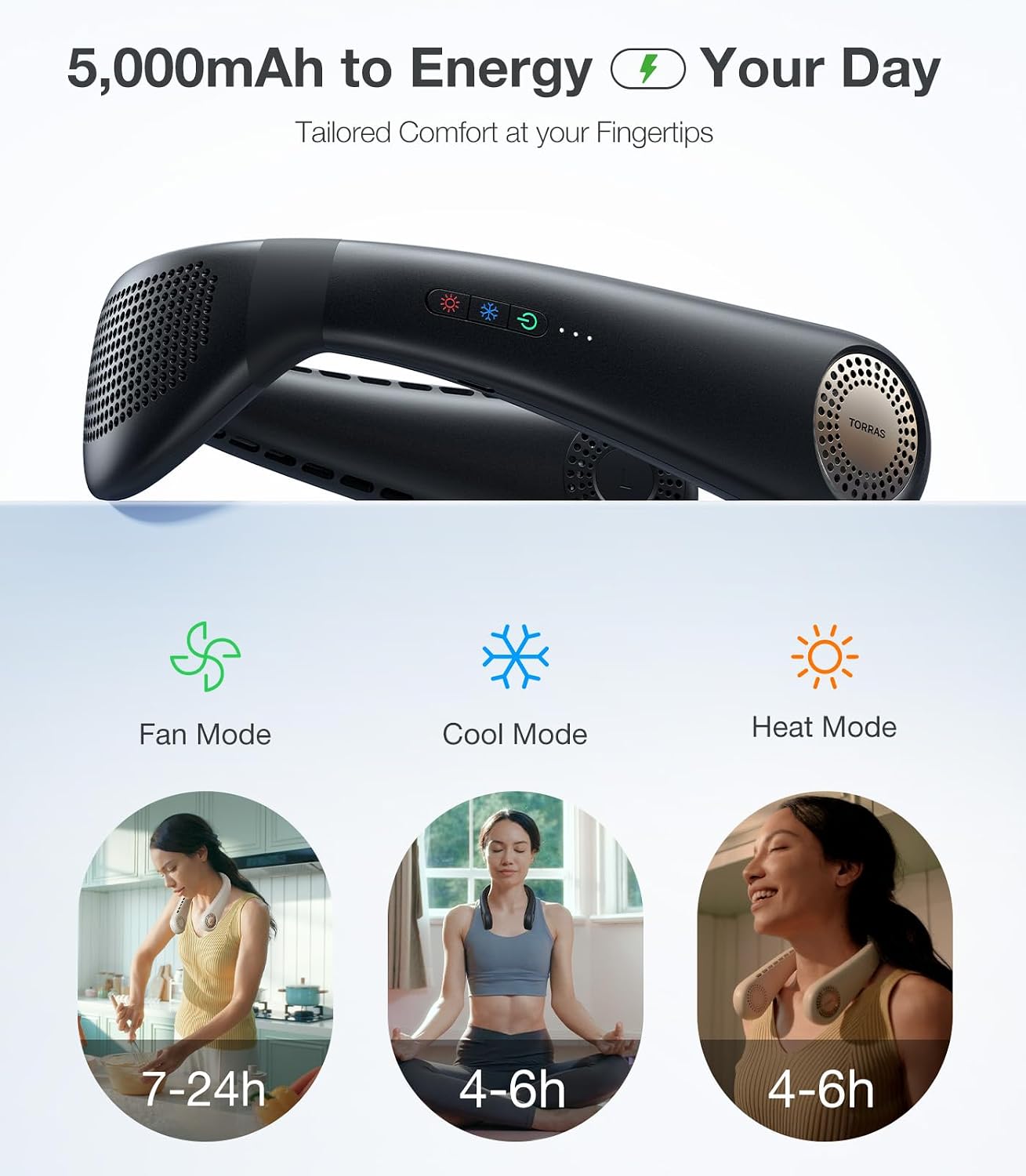 TORRAS COOLiFY Air Neck Air Conditioner, Ultra-Light Portable Neck Fan Rechargeable, Personal Cooling Device Neck Fans with 3 Modes Fan/Cooler/Heat, White
