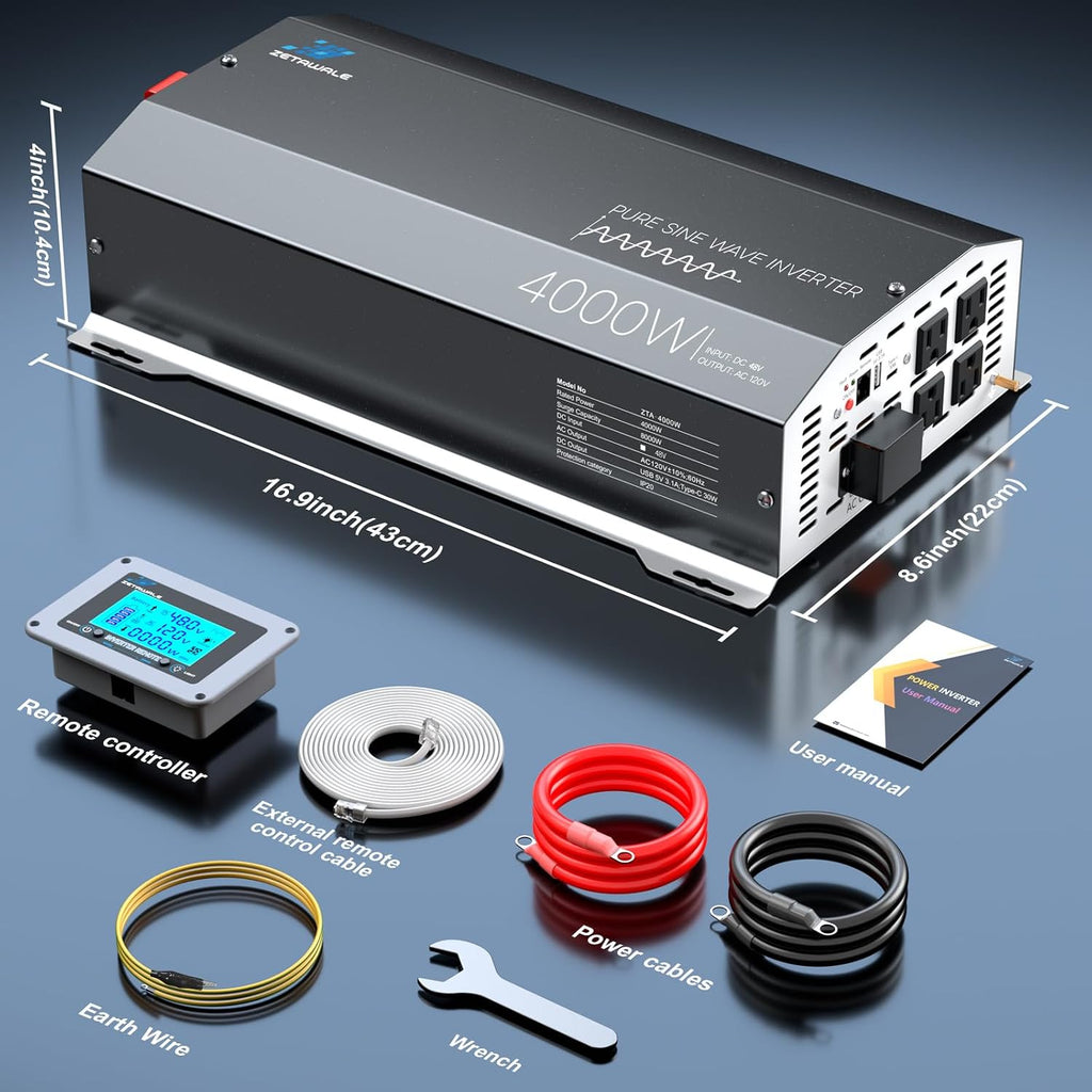 4000W Pure Sine Wave Inverter 48V DC to 110V/120V AC Converter, 8000W Peak, High-Efficiency Off-Grid Power Inverter for Solar System, 4 AC Outlets, USB & Type-C, LCD Remote Control