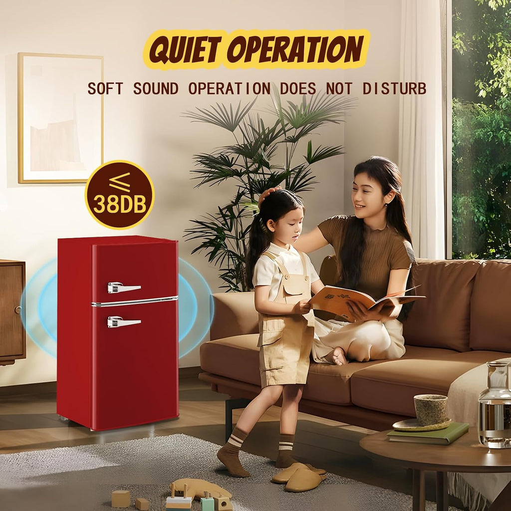 Small Fridge with Freezer Mini Refrigerator Double door Removable Glass Shelves 7 Temp Gear Detachable Handle Red