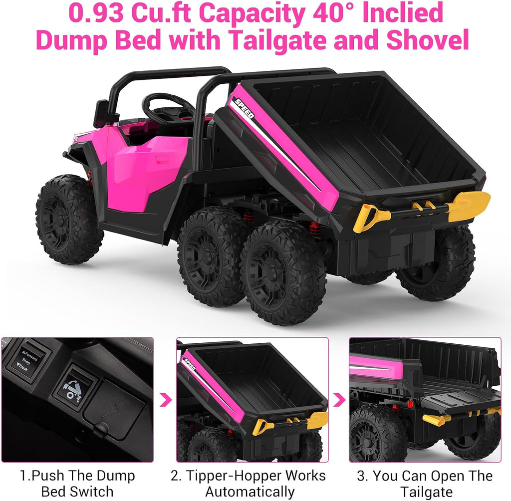 GarveeLife 24V 2 Seater Ride on Dump Truck with Remote Control for Big Kids, 4WD 6 Wheels Ride on Car w/Music Player & LED Lights, Ride Toy Gift for Kid