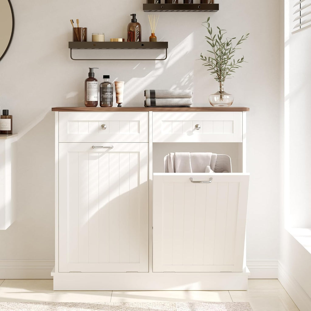 KIGOTY Double Tilt Out Trash Can Cabinet, 20 Gallon Hidden Trash Storage Cabinet with 2 Hideaway Drawers, Freestanding Trash Can for Kitchen, Wooden Laundry Hamper Cabinet, Pet Proof (White-Walnut)
