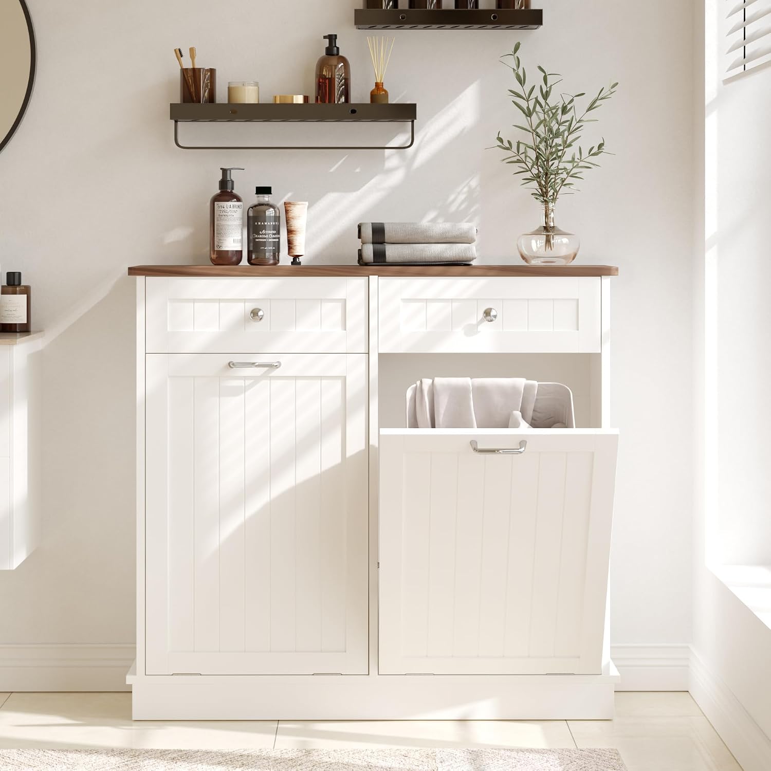 KIGOTY Double Tilt Out Trash Can Cabinet, 20 Gallon Hidden Trash Storage Cabinet with 2 Hideaway Drawers, Freestanding Trash Can for Kitchen, Wooden Laundry Hamper Cabinet, Pet Proof (White-Walnut)