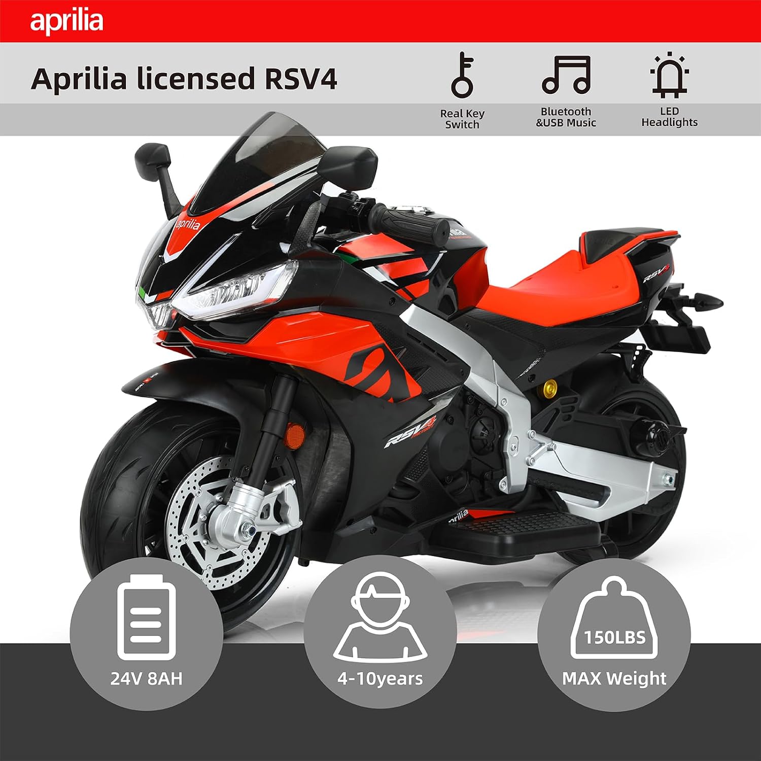 TCARAIWEN Aprilia Licensed 24V Kids Electric Motorcycle,Ride-On Motorcycle Speed Up to 8mph with Side Wheels, Key Switch and Mp3 (Normal Motors - 24V, Black)