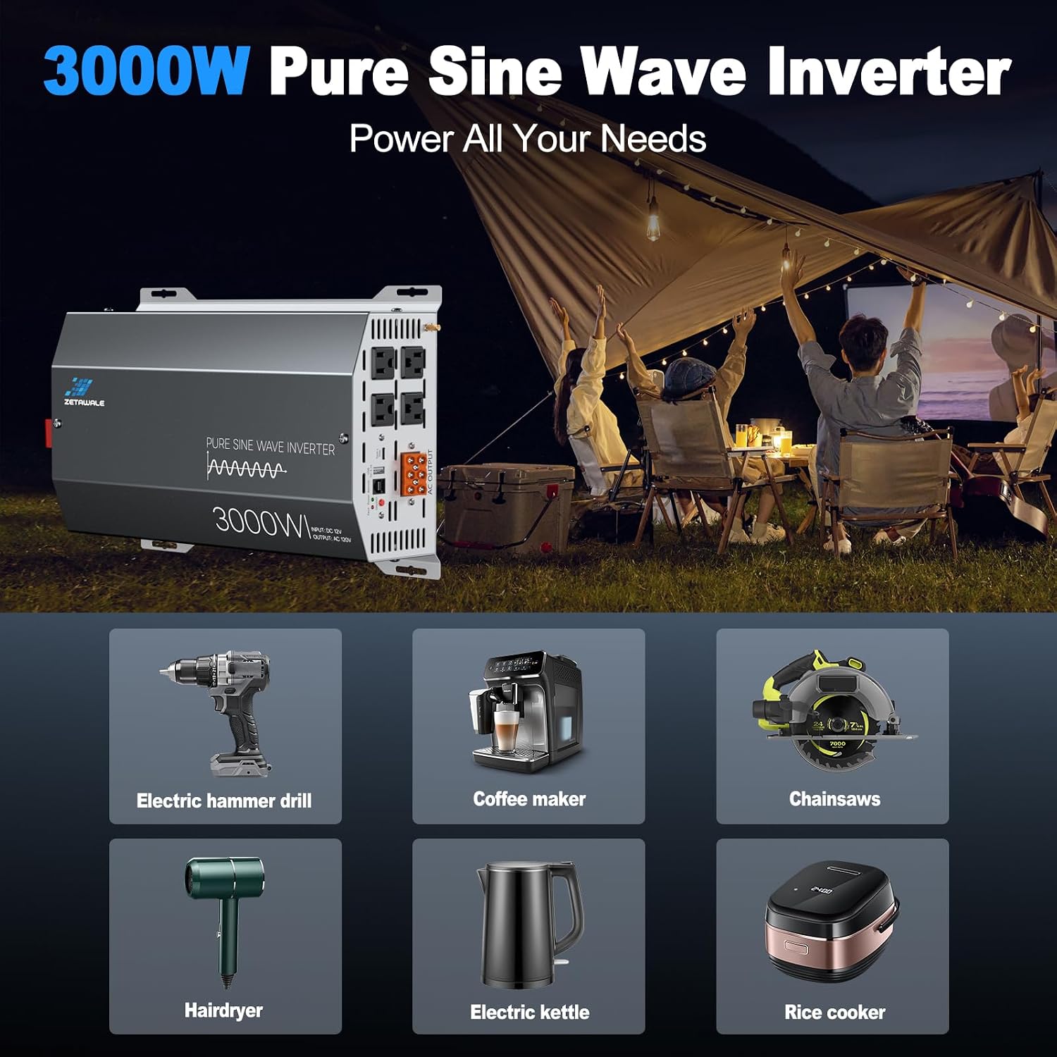 3000 Watts Pure Sine Wave Inverter 12V DC to 110V/120V AC Converter, 6000W Peak, LCD Remote Control, 4 AC Outlets, USB & Type-C – for RV, Truck, Off-Grid Solar System, Emergency Power