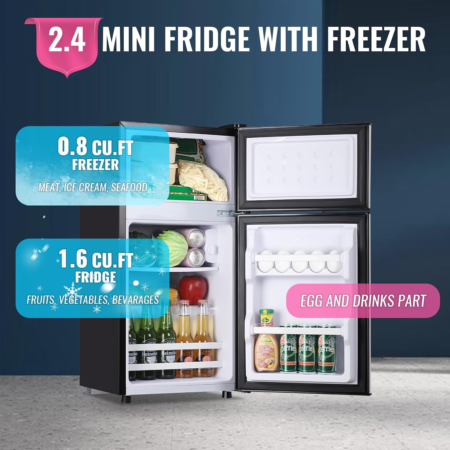 DEMULLER Retro Mini Fridge with Freezer Dual Door Apartment Size Small Refrigerator with Egg Tray, Dorm Mini Fridge with Removable Plastic Shelves, 2.4Cu.ft, 14.96' D x 14.57' W x 30.8' H, Silver