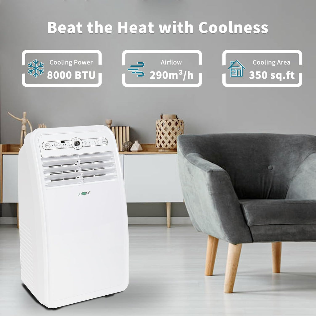 Uhome Portable Air Conditioner, 8000 BTU Compact AC Unit with Cooling, Dehumidifier, Fan, Remote Control and Window Mount Kit Included, White