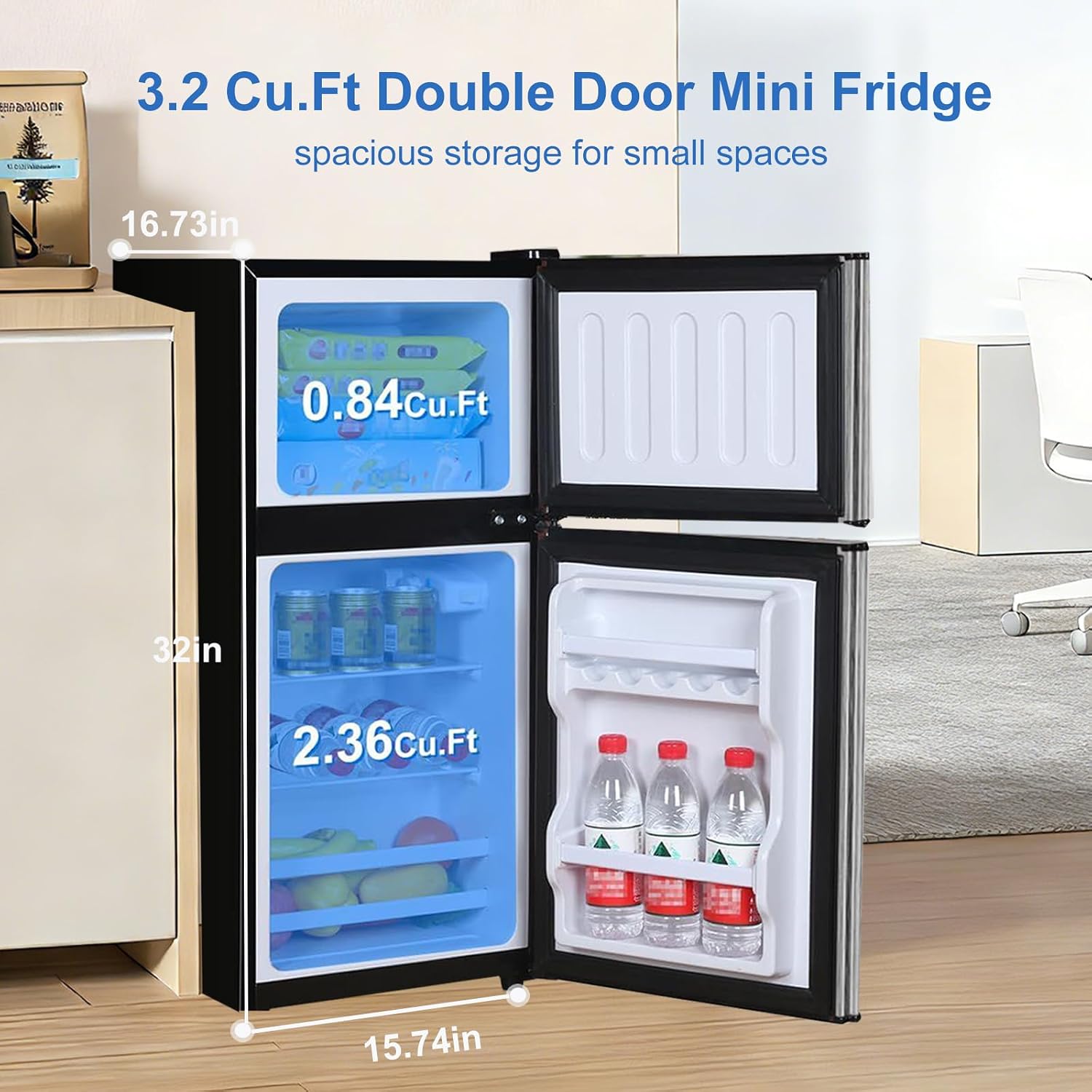 Cucina Magica Mini Fridge with Freezer, 3.2 cuft Small Refrigerator, 7 Adjustable Thermostat, Energy Saving, Low Noise, Double Door Compact Refrigerator for Dorm, Bedroom, Office - Silver