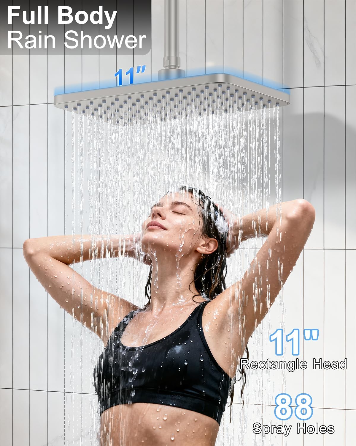 KOJOX Brushed Nickel Dual Shower Head System – 11' Ceiling Rainfall + 6' Wall Mount Heads, 6-Mode Handheld Spray, Push-Button Diverter Faucet Set