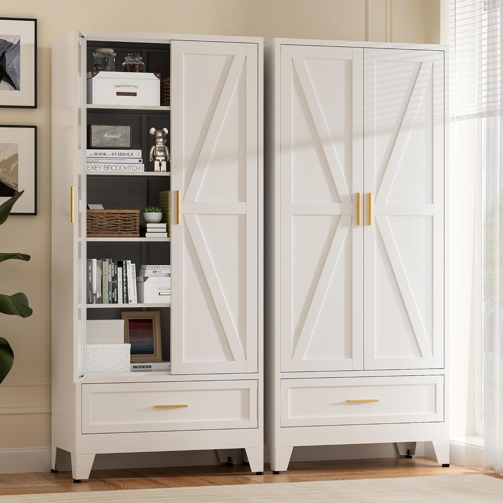 71'Tall Metal Storage Cabinet with Drawer and 4 Adjustable Shelves,Farmhouse Kitchen Pantry Storage Cabinet with Doors, Freestanding White Locker Cabinets for Office,Dining Room,Bathroom(White)