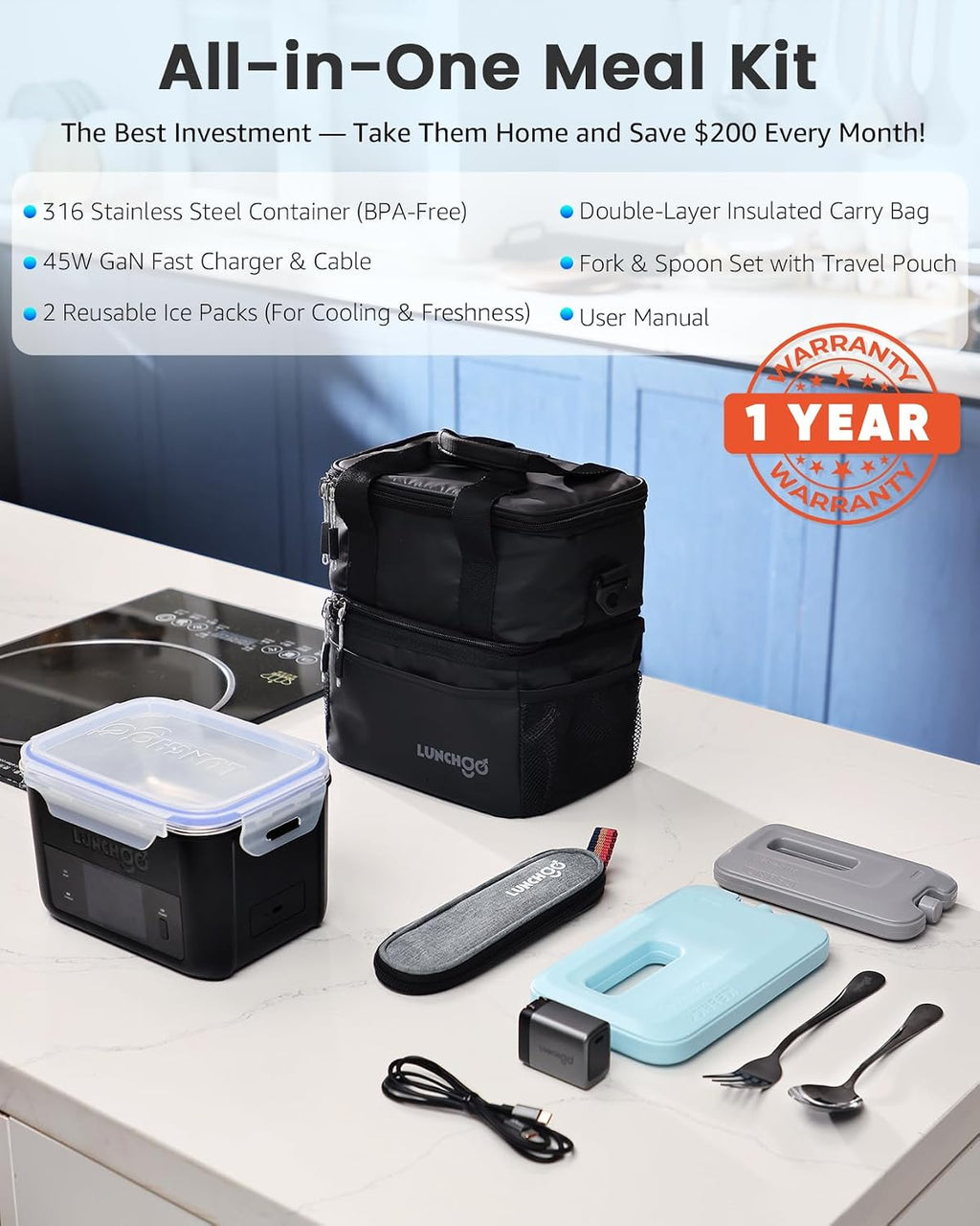LUNCHGO® G1-Standard(74 Wh), Smart Electric Heated Lunch Box Food Warmer – Cordless, 5 Cups, Battery Powered, 250°F Max, Scheduled Heating, Perfect for Outdoor Work, On-The-Go Meals (Carbon Black)