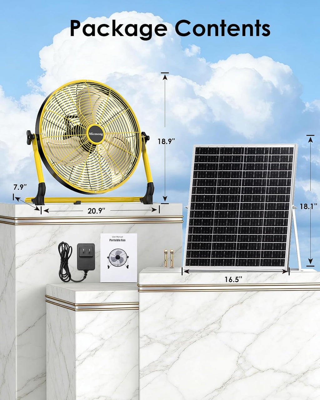 18'' Portable Solar Powered Floor Fan, Cordless Camping Fan Outdoor, Long Lasting Rechargeable Battery Operated Fan, 360° Tilt, USB Output, Wireless, for Home Gazebo Greenhouse Outside Gym