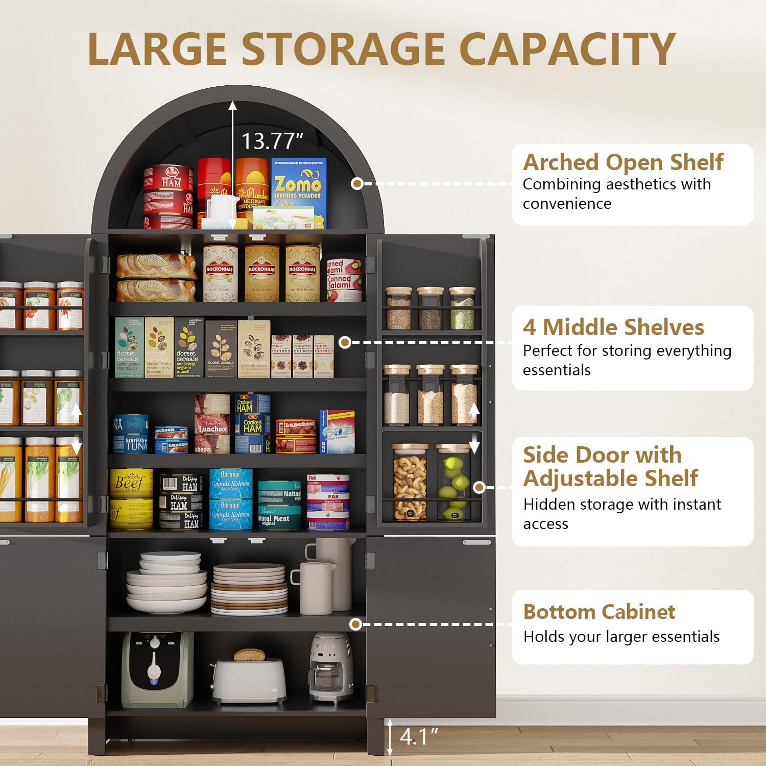 Arched Cabinet, 71' Tall Arched Kitchen Pantry Storage Cabinet with Doors, Modern Fluted Kitchen Storage Cabinet with Adjustable Shelves, Black Cupboard for Kitchen, Dining Room, Bathroom
