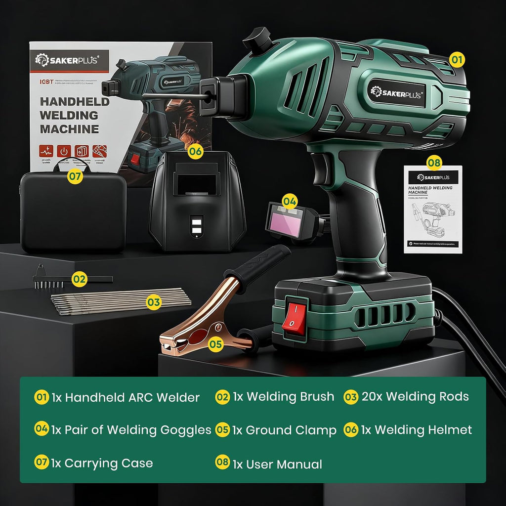 Sakerplus Portable Welding Machine-110V Handheld ARC Welder with 5-Level Current Adjustment, IGBT Inverter Technology, Helmet, Safety Goggles & Carrying Case Included(Green, 25pc Wire Rods)