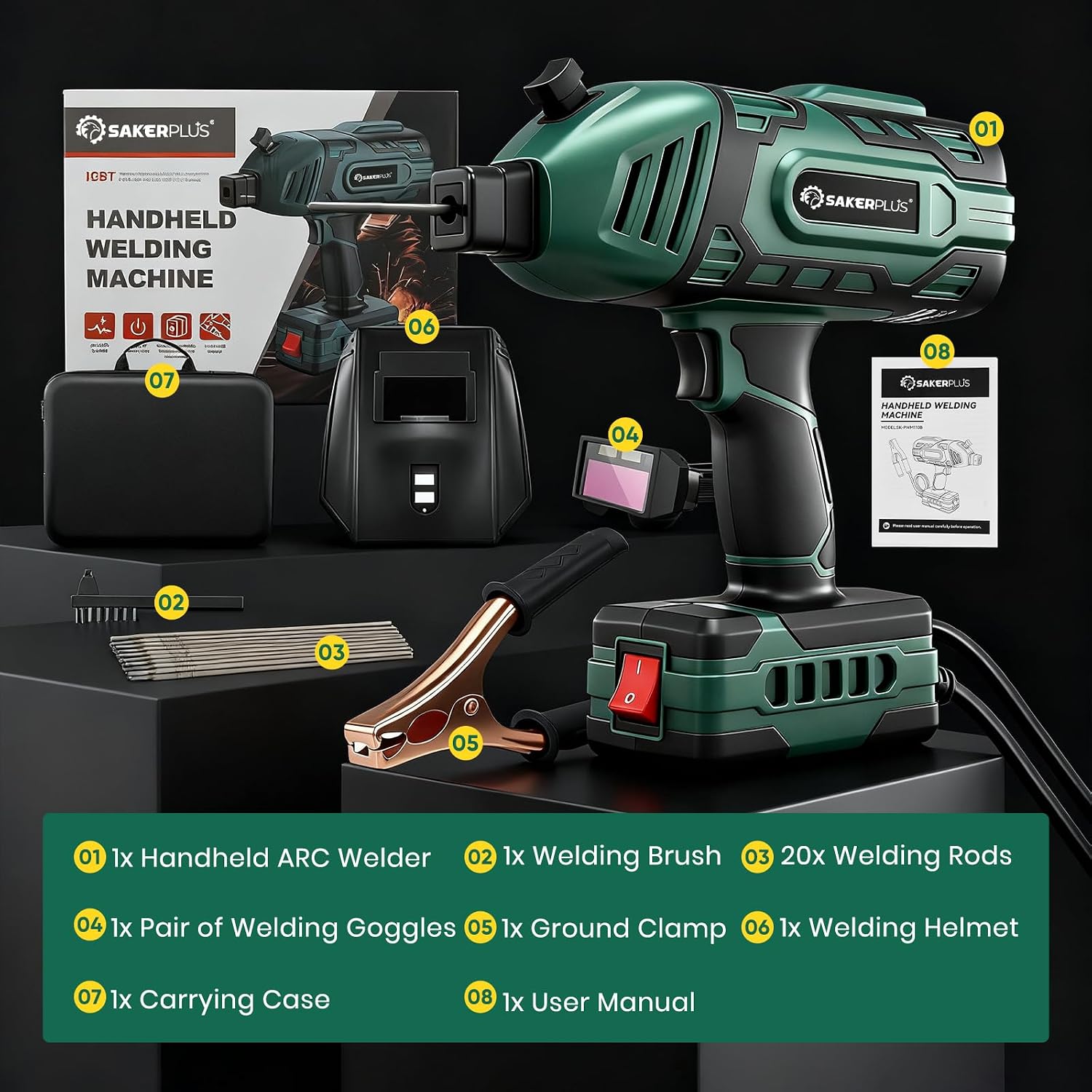 Sakerplus Portable Welding Machine-110V Handheld ARC Welder with 5-Level Current Adjustment, IGBT Inverter Technology, Helmet, Safety Goggles & Carrying Case Included(Green, 25pc Wire Rods)