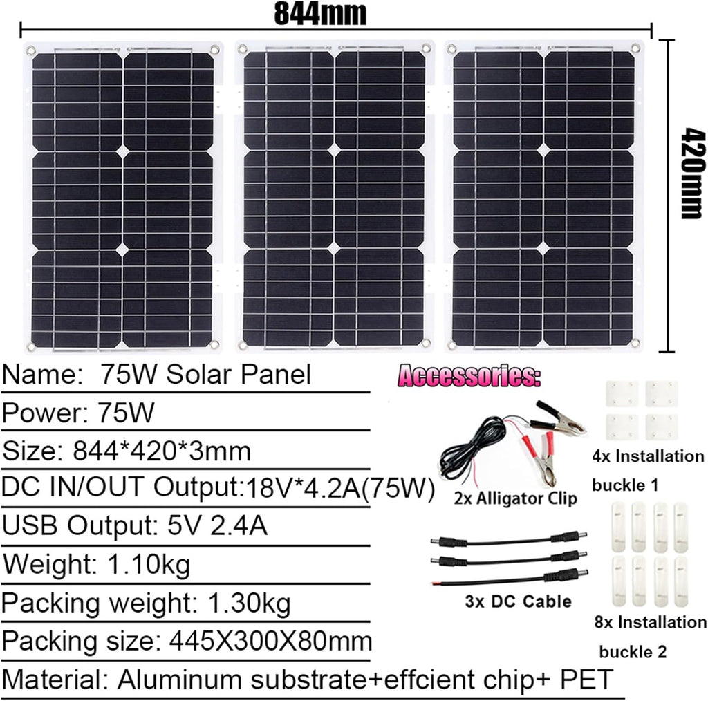 3000W Solar Power System Kit - 12V to 220V Inverter, 75W Folding Solar Panel, 50A Controller, Portable Solar Generator for Home & Off-Grid Use (Black)