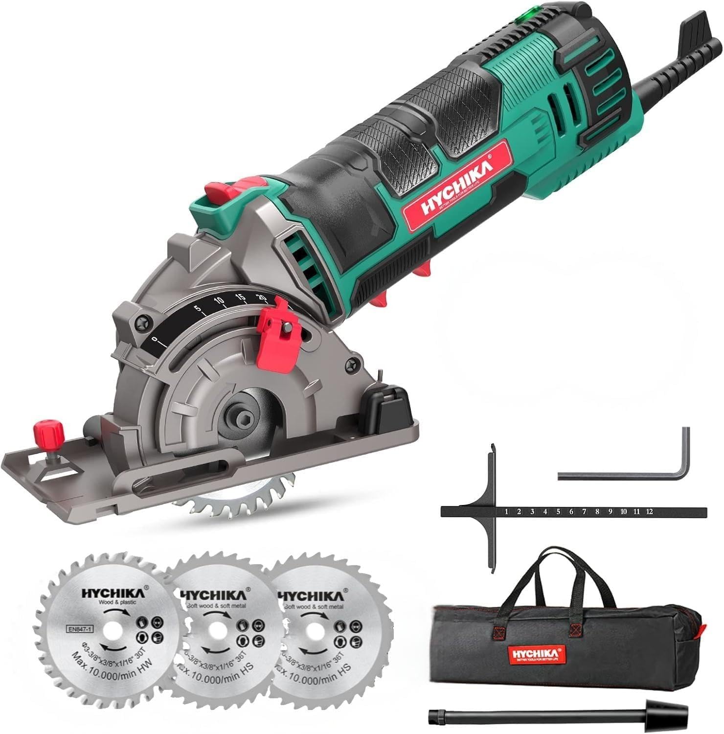 HYCHIKA 6.7A Jig Saw, 4A Mini Circular Saw with 3 Blades, 30W LED Work Light, 3-Tool Power Tool Combo Kit