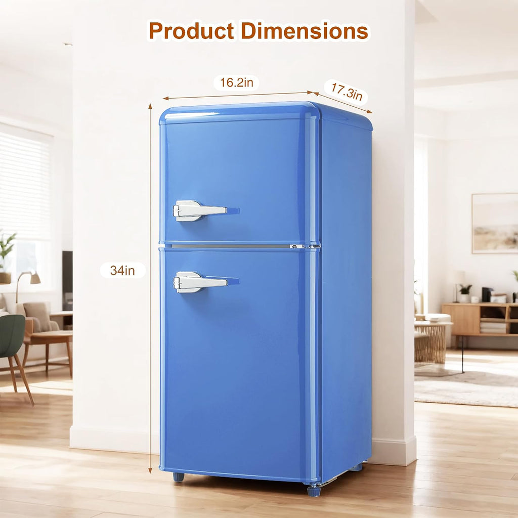 Retro Mini Fridge with Freezer 3.5 Cu. Ft, Small Refrigerator with 7 Level Adjustable Thermostat, Compact Classic Dual Door Fridge Removable Glass Shelves for Apartments, Dorm, Office, Blue