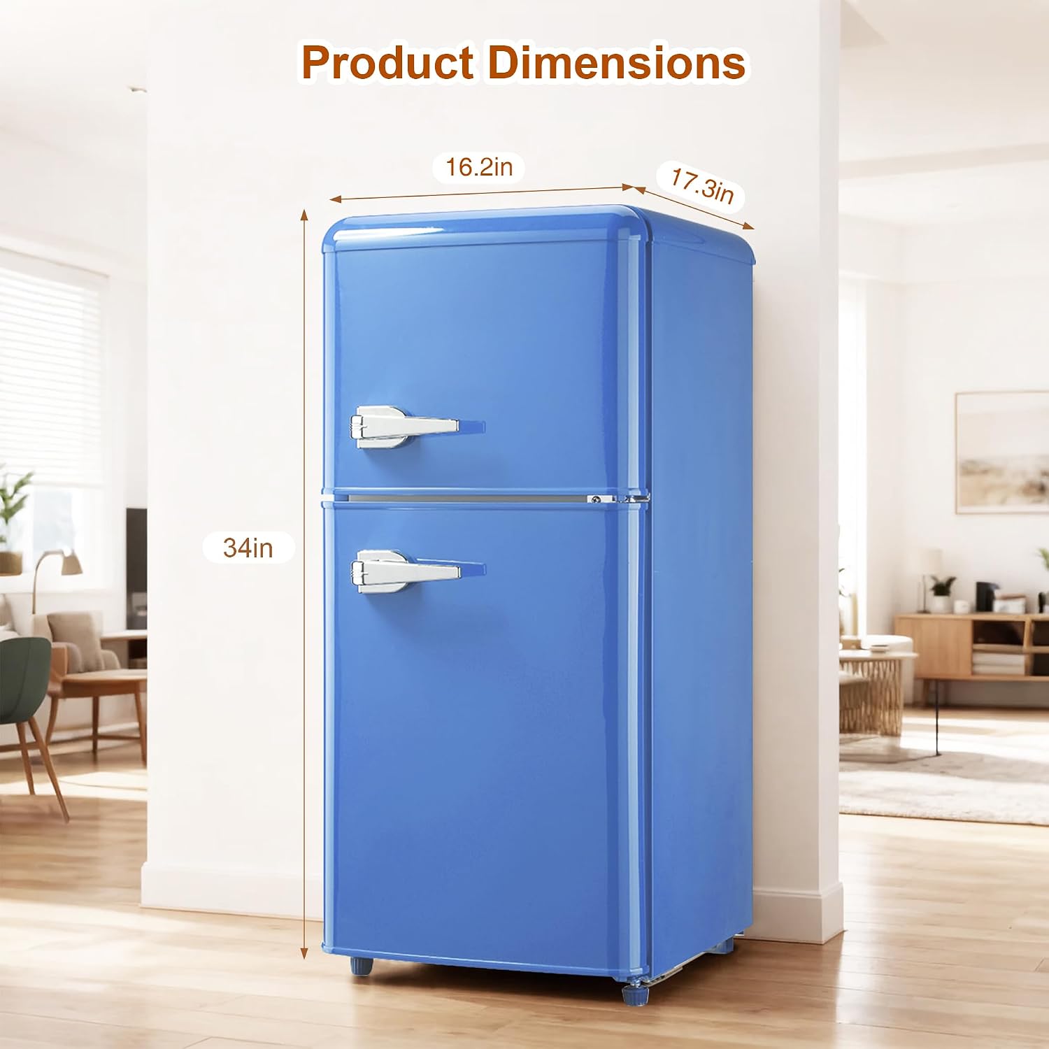 Retro Mini Fridge with Freezer 3.5 Cu. Ft, Small Refrigerator with 7 Level Adjustable Thermostat, Compact Classic Dual Door Fridge Removable Glass Shelves for Apartments, Dorm, Office, Blue