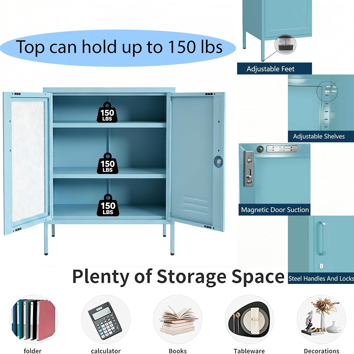 Blue Metal Storage Cabinet with Lock 3-Tier Freestanding Locker Organizer with Mesh Ventilated Door Multipurpose Accent Cabinet Locker Adjustable legs For Hallway, Living Room, Entryway, Home Office