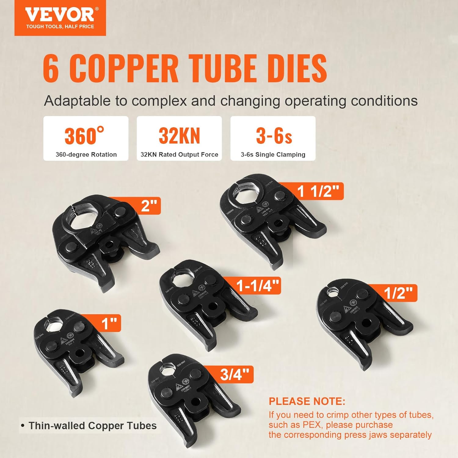 VEVOR 18V Press Tool, 32KN Electric Pipe Crimping Tool for 1/2' to 2' Copper Pipes, 360° Rotation Automatic Crimper with Brushless Motor & 6 Jaws - Compatible with ProPress