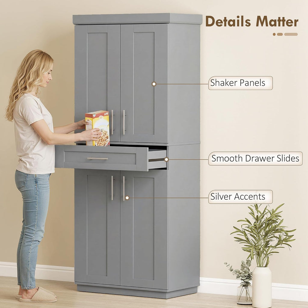 HOMCOM 72' Kitchen Pantry Cabinet, Freestanding Tall Storage Cabinet with 4 Doors, Drawer and 3 Adjustable Shelves for Dining Room, Gray