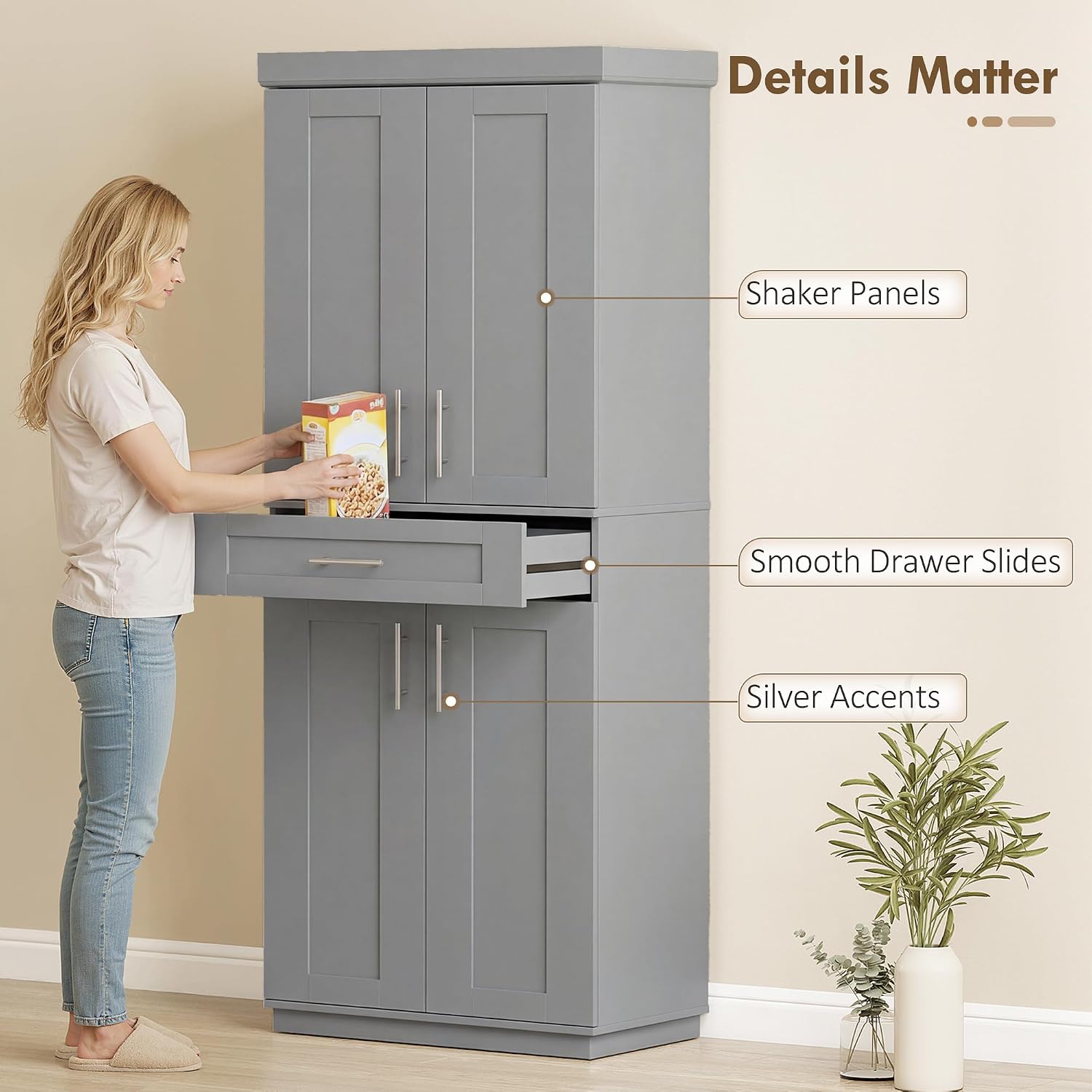 HOMCOM 72' Kitchen Pantry Cabinet, Freestanding Tall Storage Cabinet with 4 Doors, Drawer and 3 Adjustable Shelves for Dining Room, Gray