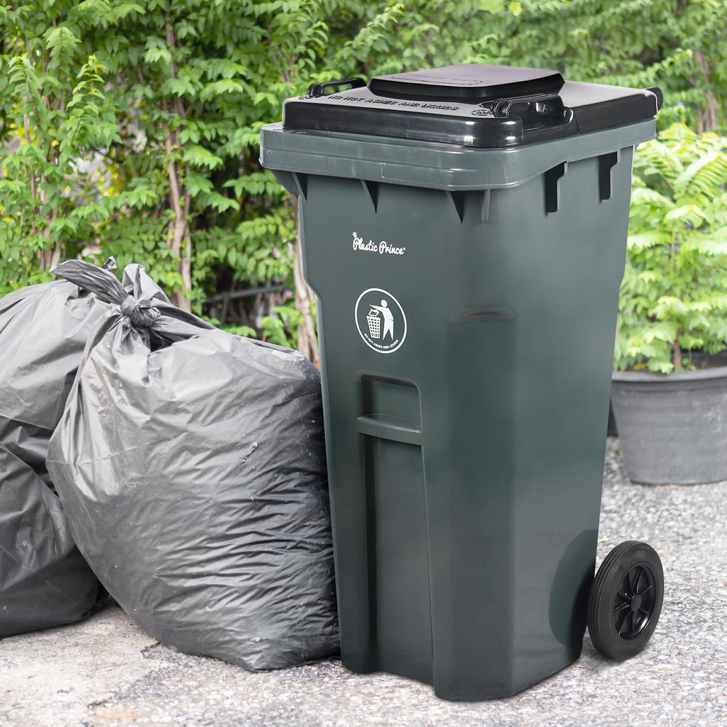 PLASTIC PRINCE 32 Gallon Trash Can with Wheels Outdoor Recycling Bin with Lid and Wheels Heavy Duty Rolling Garbage Can Commercial Wheeled Garbage Can for Home Garage Office, Set of Blue and Gray