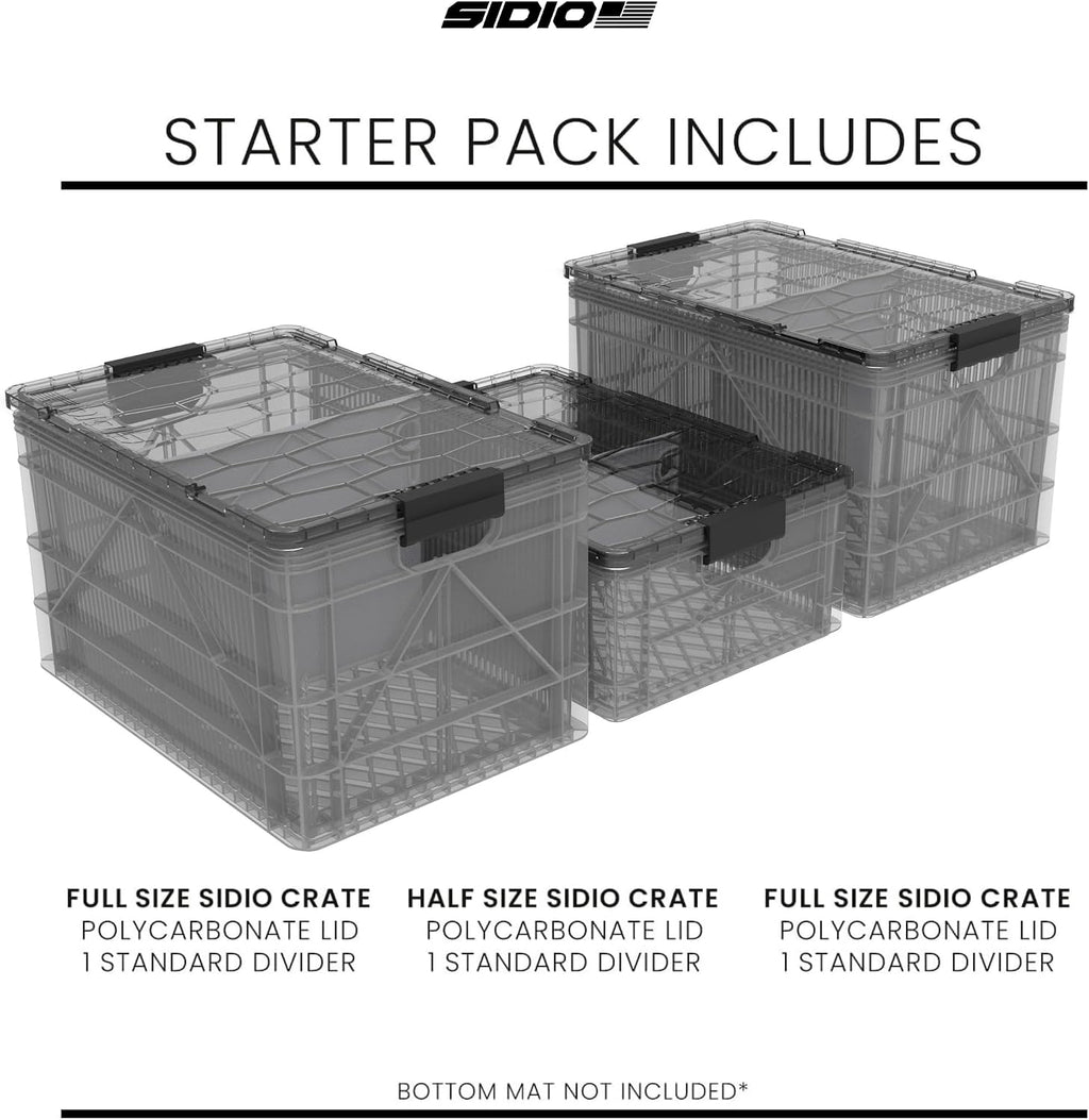 SIDIO CRATE Starter Pack - Two Full Size and One Half Size SidioCrate, Stackable Outdoor Organizer Storage Bins with Clear Lid and Dividers - Clear