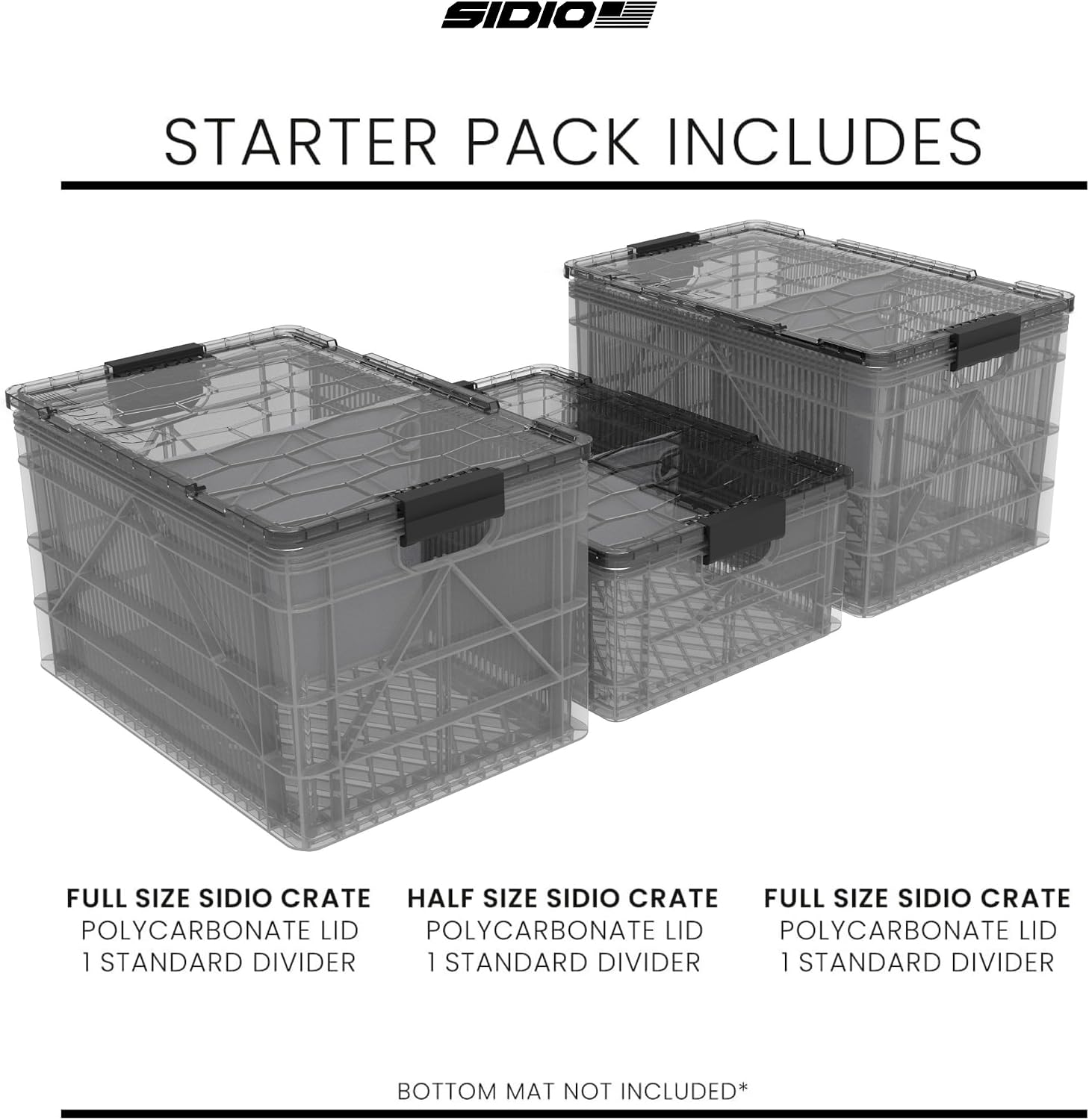SIDIO CRATE Starter Pack - Two Full Size and One Half Size SidioCrate, Stackable Outdoor Organizer Storage Bins with Clear Lid and Dividers - Clear