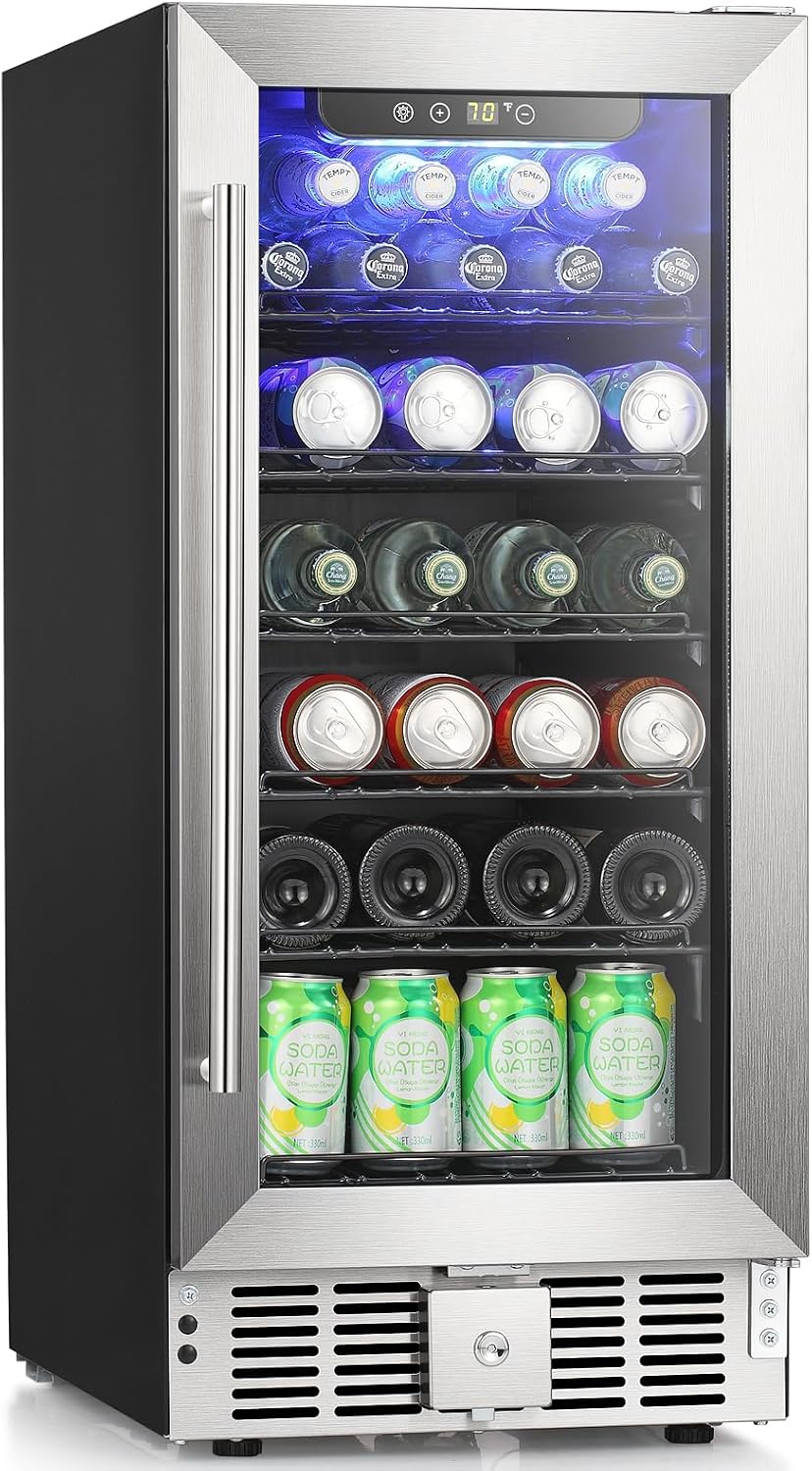 Antarctic Star 115 Can Beverage Refrigerator Cooler, 2.9 Cu.Ft Mini Fridge with Safety Lock, Beverage Cooler with Glass Door/LED Light/Adjustable Removable Shelves for Home/Office/Bar(Stainless Steel)