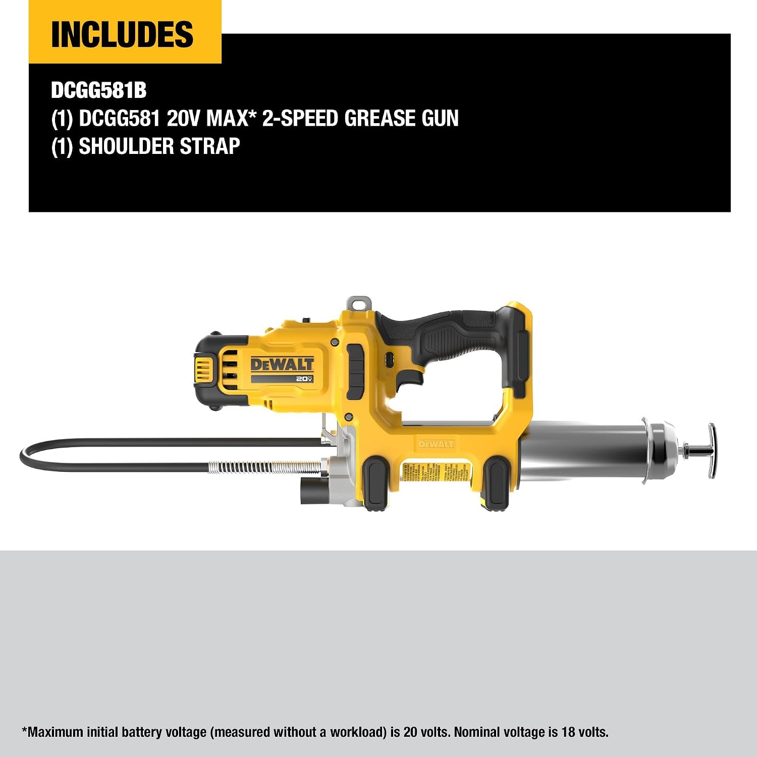 DEWALT Grease Gun 20V MAX Cordless 10,000 PSI Variable 2-Speed Electric Grease Gun with 47 Inch Hose and LED Light, Up to 9 oz per Minute and 7 Tubes per Charge, Tool Only (DCGG581B)