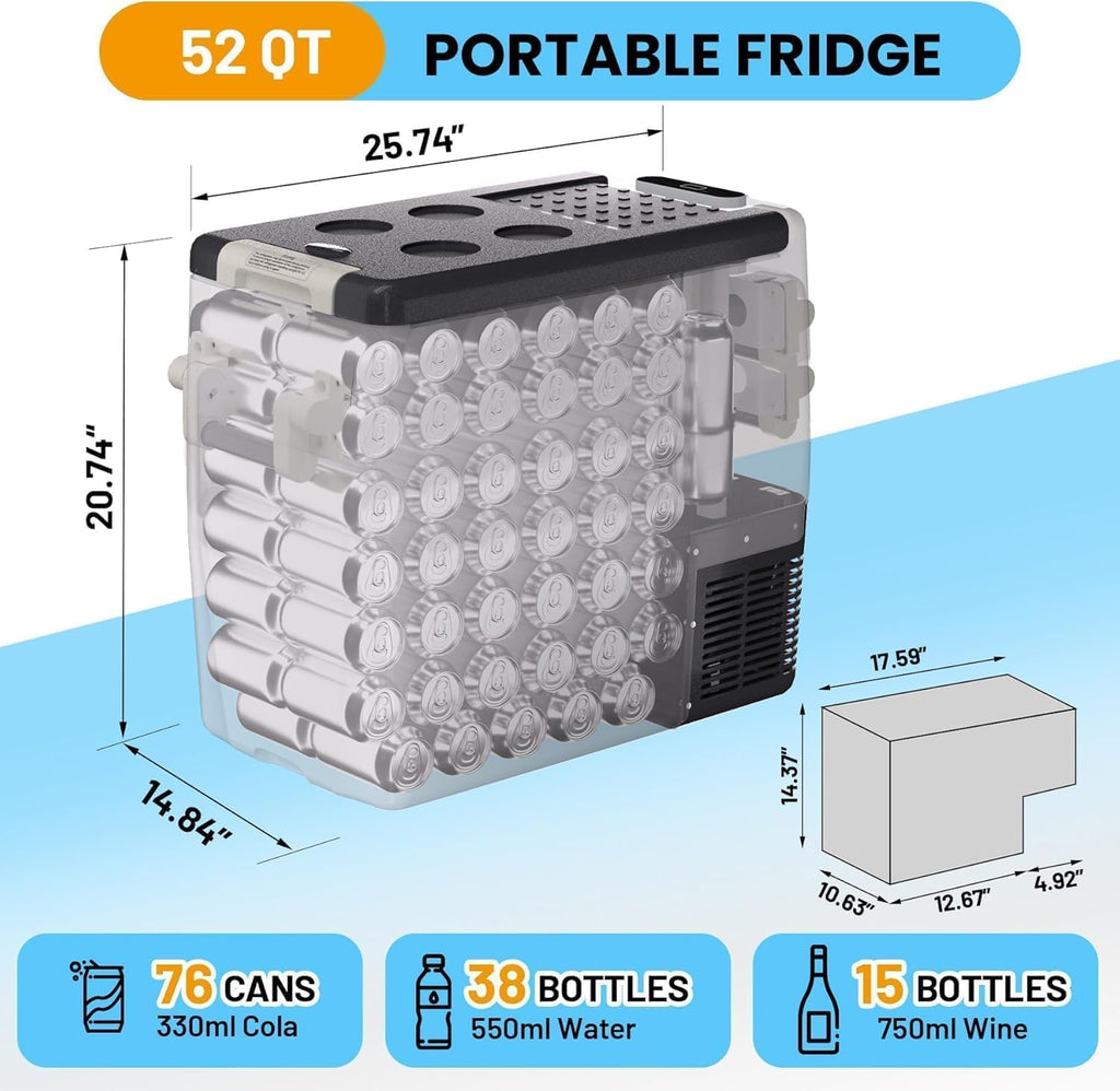 12 Volt Car Refrigerator, 52 Quart(50L) Portable Fridge Electric Cooler -4℉-68℉, 12V Fridge RV Refrigerator, Portable Refrigerator Freezer for Travel, Camping, RV, Road