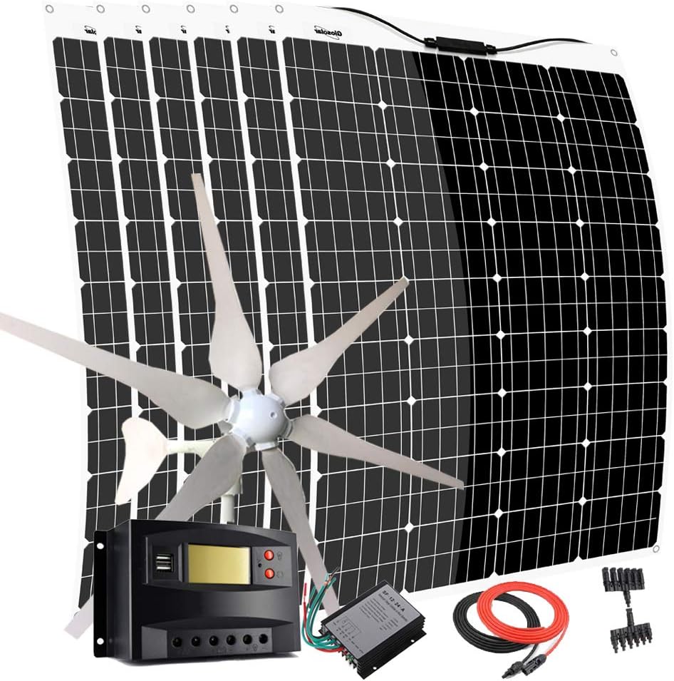 1120W Wind Solar Generator Kit: 400W Wind Turbine &6pcs 120W Solar Panels & 60A Charge Controllers &Accessory 12V 24V Battery Charger for Motorhome