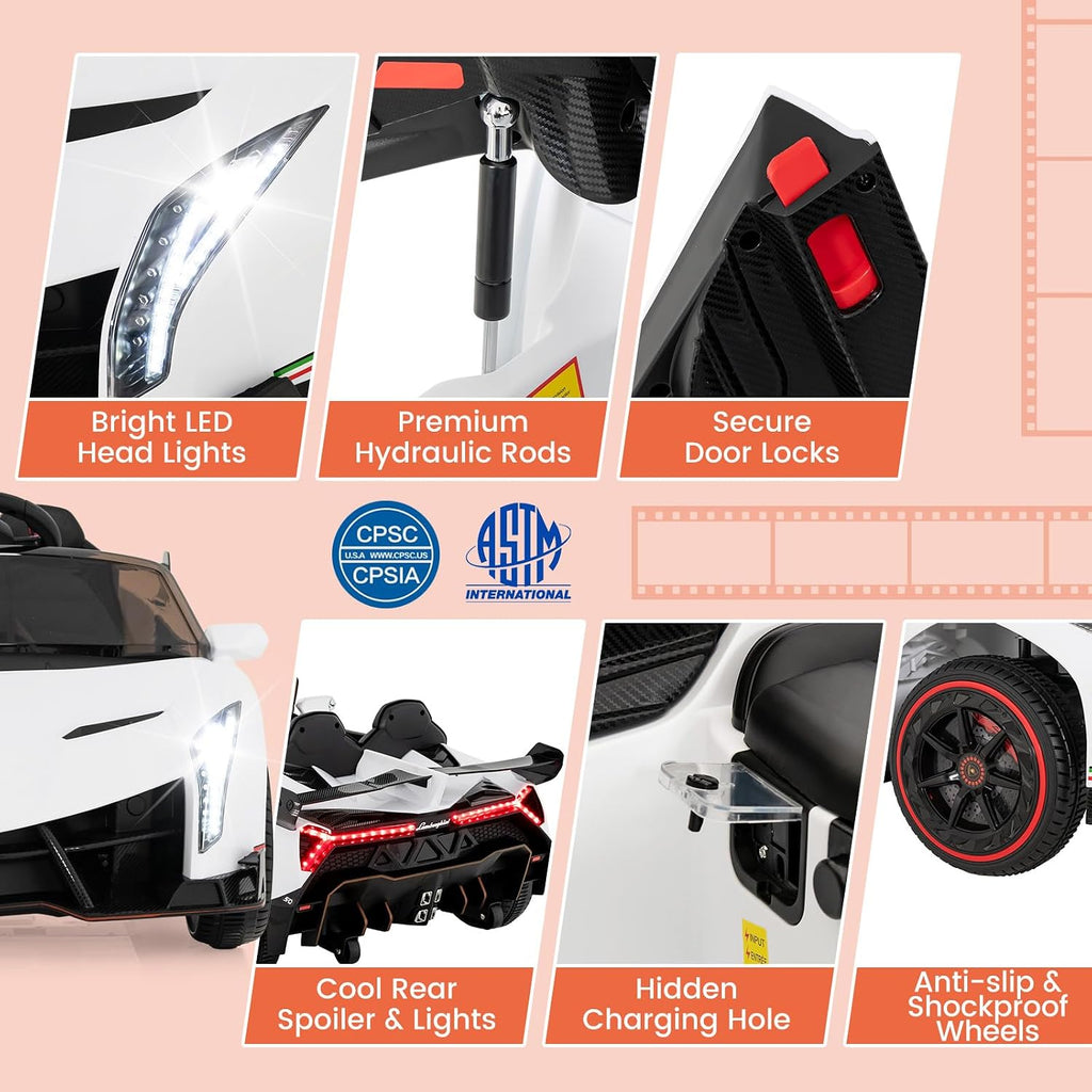 Costzon Ride on Car, Lamborghini Licensed 12V Battery Powered 4WD Sports Car with Remote Control, 3 Speeds, Hydraulic Doors, LED Lights, Towing Wheel, Horn, Music, Electric Vehicle for Kids Aged 3-8