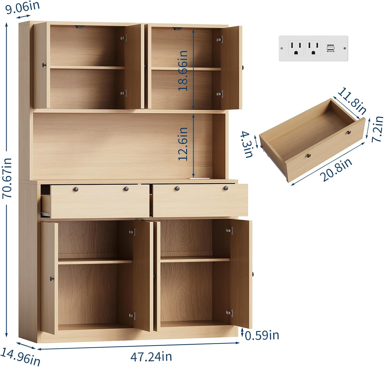Garvee 71' Tall Kitchen Pantry Storage Cabinet with Charging Station, Food Hutch with Drawers, Doors, Shelves, and Countertop for Dining Room
