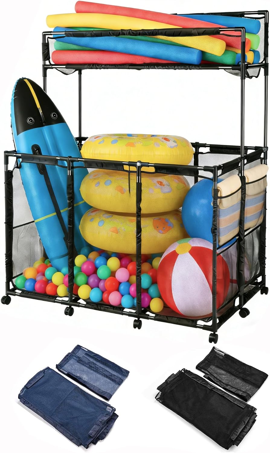 Yescom225 Gallon Pool Float Storage Bin Basket with Blue Cover Replacement Toy Raft Noodles Outdoor Double Tiers 49' x 30' x 61' Metal Frame 6 Wheels Mesh Rolling Organizer Cart