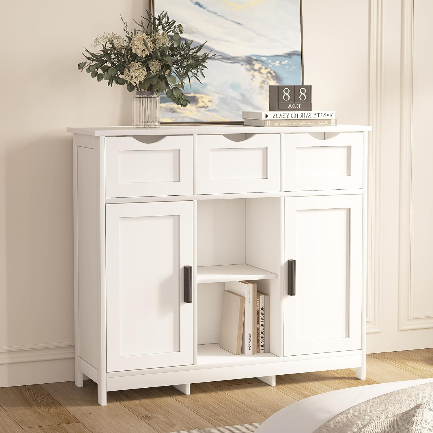 Sideboard Floor Storage Cabinet - Wooden Storage Organizer with 2 Doors and 3 Drawers, Free Standing Accent Buffet Cabinet with Adjustable Shelves for Living Room, Kitchen,Bathroom (White)