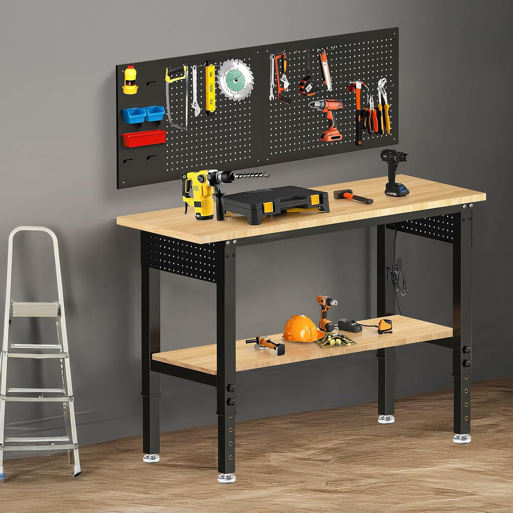 48×24 Adjustable Height Work Bench Heavy Duty Workbench for Garage with Under Table Shelf Rubber Wood Work Table with Pegboard for Shop Woodworking, Office, Home, Commercial