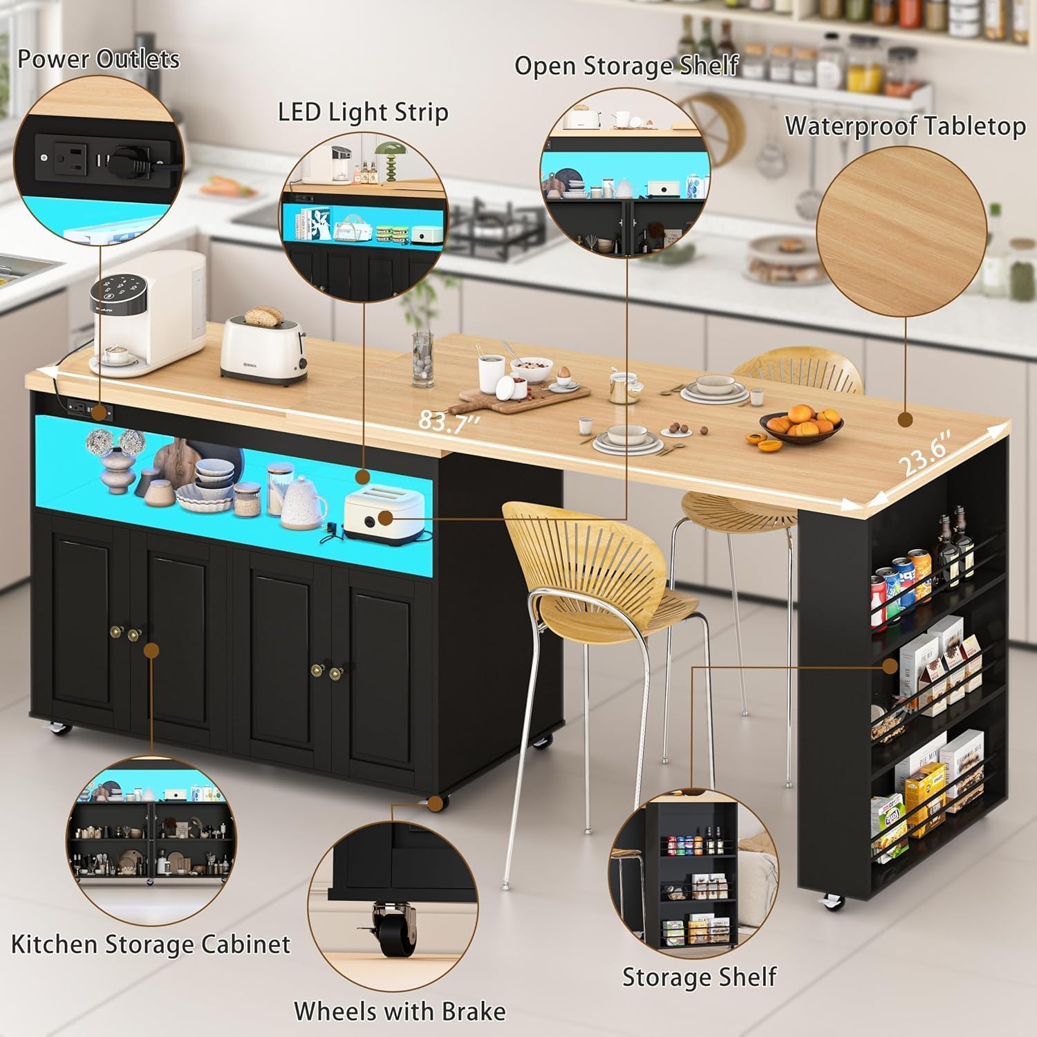 84' Kitchen Island with Swivel Table, Mobile Kitchen Island on Wheels with Storage Cabinet and LED Light, Rolling Kitchen Island with Power Outlet, Spice Rack, Black