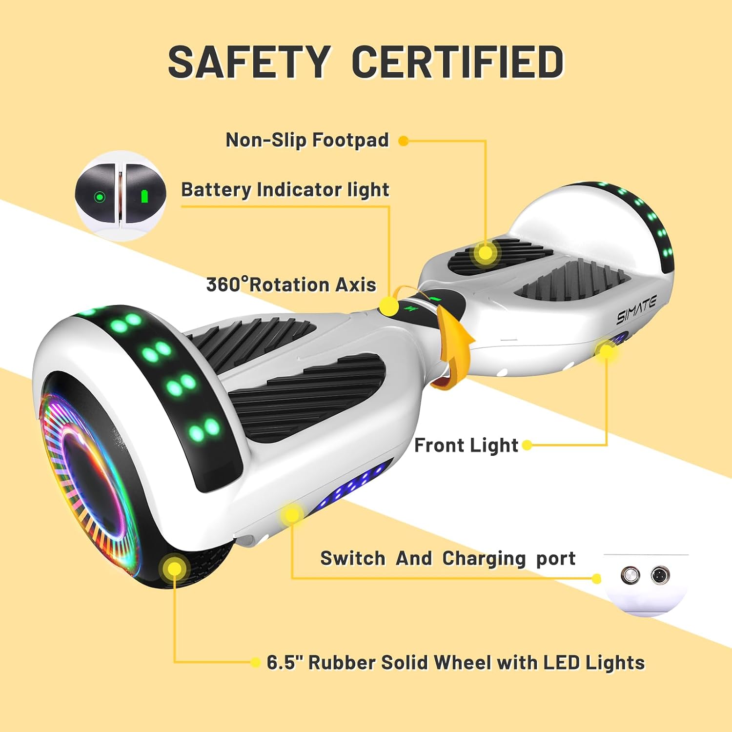 SIMATE Hoverboard, Bluetooth All Terrain Hover Boards with LED Lights and APP Control, Gifts for Kids Adults Girls Boys, for All Ages