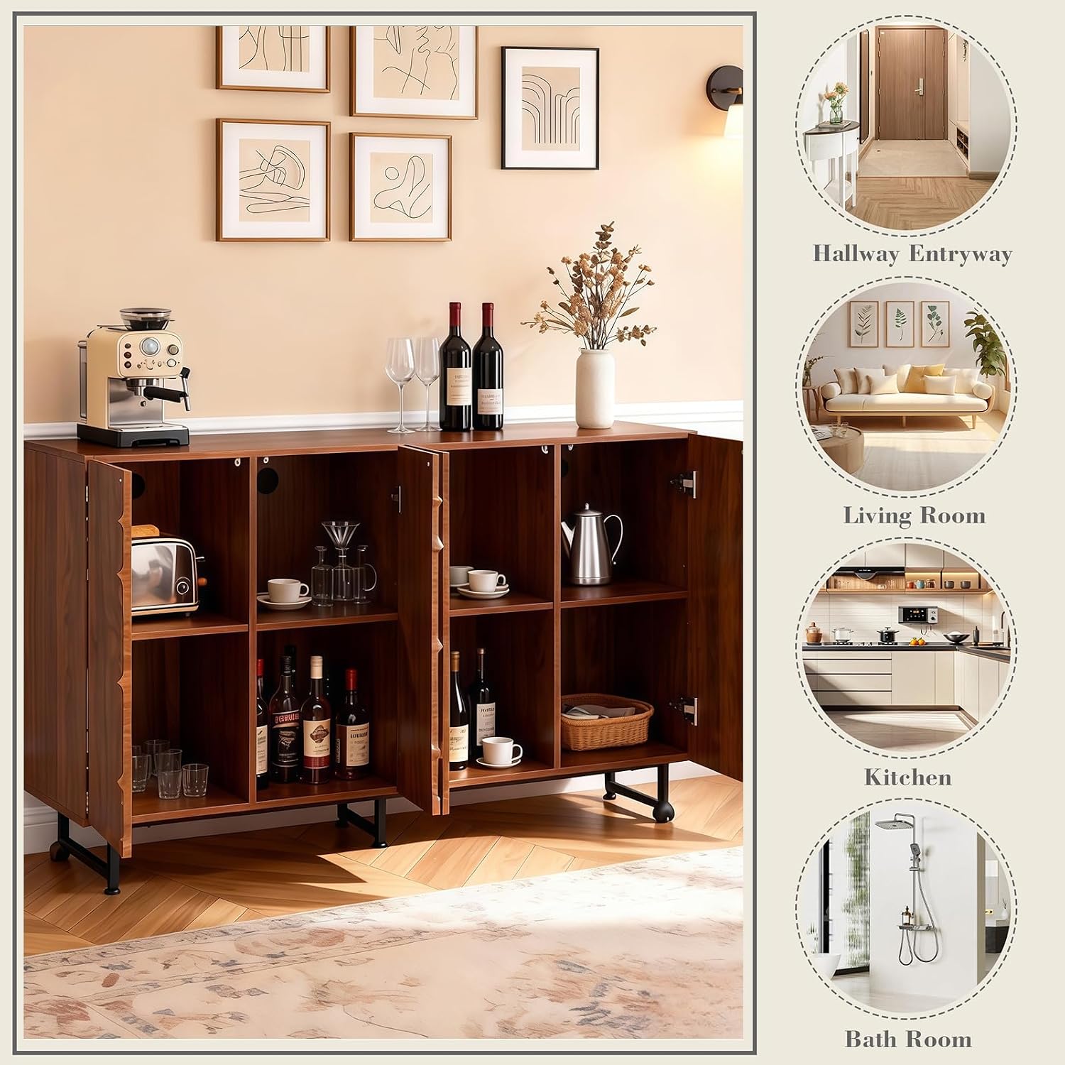 59' Modern Art Sideboard Cabinet with Storage, Sideboard Buffet Cabinet with Wave Relief Design & Metal Legs, Walnut Texture Storage Cabinet for Living Room, Dining Room