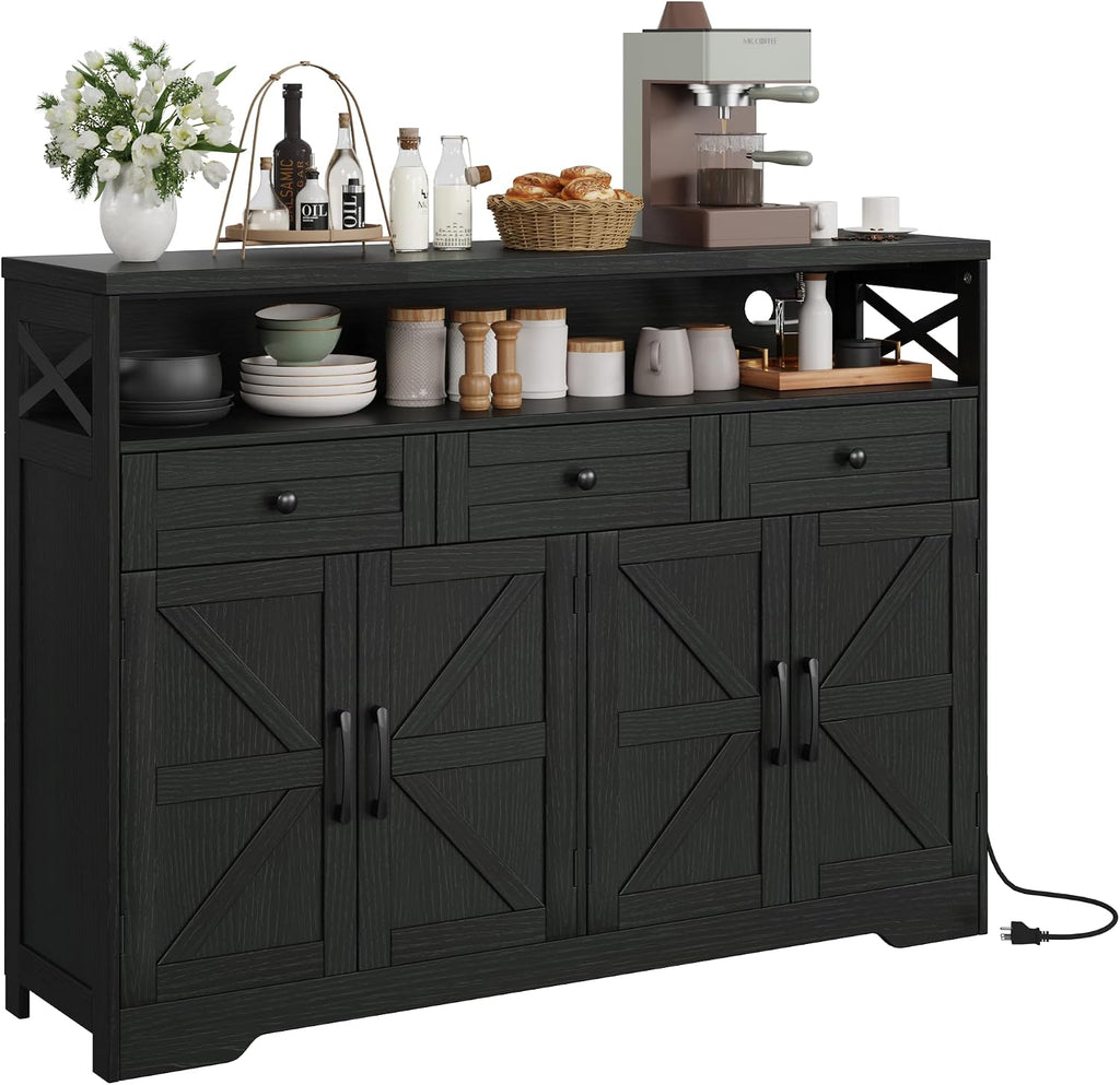Befrases 52' L Modern Farmhouse Sideboard Buffet Cabinet, Black Storage Cabinet with Drawers & Shelves, Kitchen Pantry Hutch, Coffee Bar Station Table for Living Room, Dining Room, Entryway