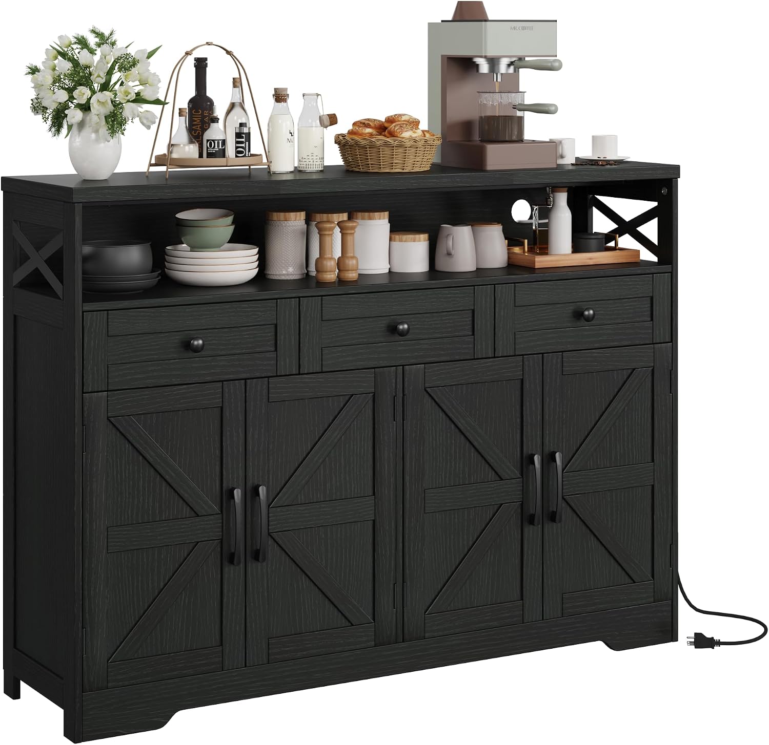 Befrases 52' L Modern Farmhouse Sideboard Buffet Cabinet, Black Storage Cabinet with Drawers & Shelves, Kitchen Pantry Hutch, Coffee Bar Station Table for Living Room, Dining Room, Entryway