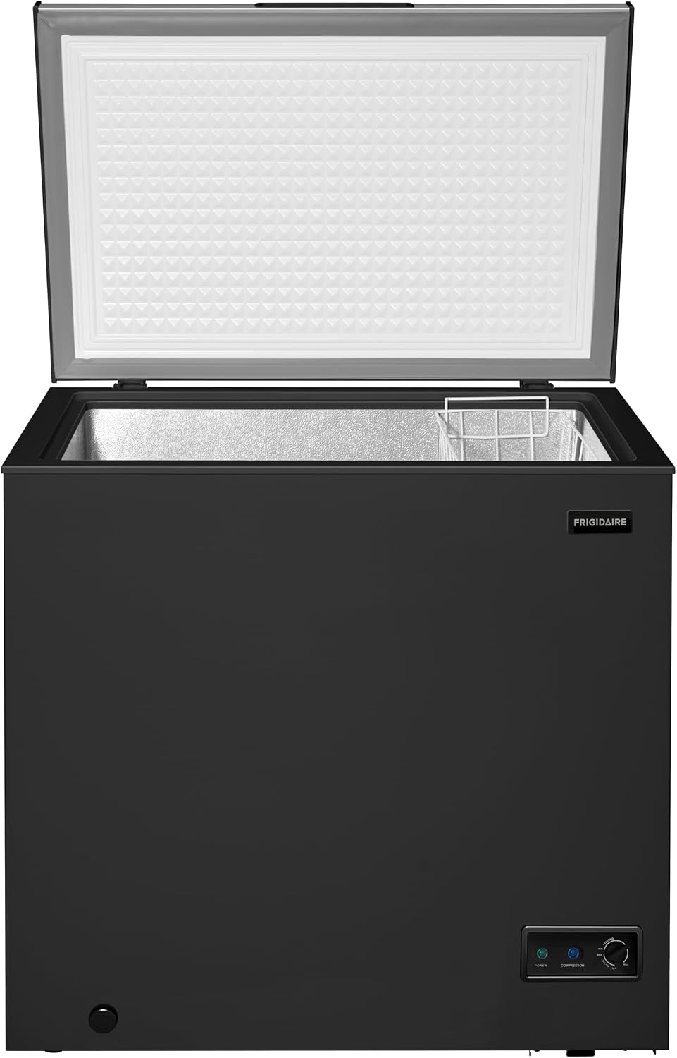 FRIGIDAIRE Chest Deep Freezer, 7 Cu. Ft, Black Adjustable Thermostat-Removable Vinyl Coated Wire Basket-Easy Defrost Drain, Eye-Catching Stainless Steel Top Door- Garage Ready