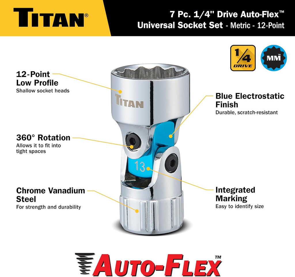 Titan 85499 23-Piece Auto-Flex Universal Joint, Socket, and Extension Set, Engineered to Spring Back to Center