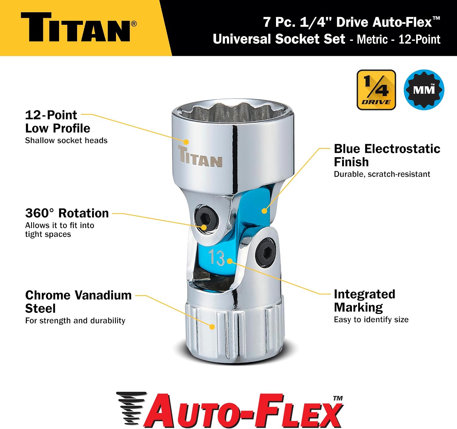 Titan 85499 23-Piece Auto-Flex Universal Joint, Socket, and Extension Set, Engineered to Spring Back to Center