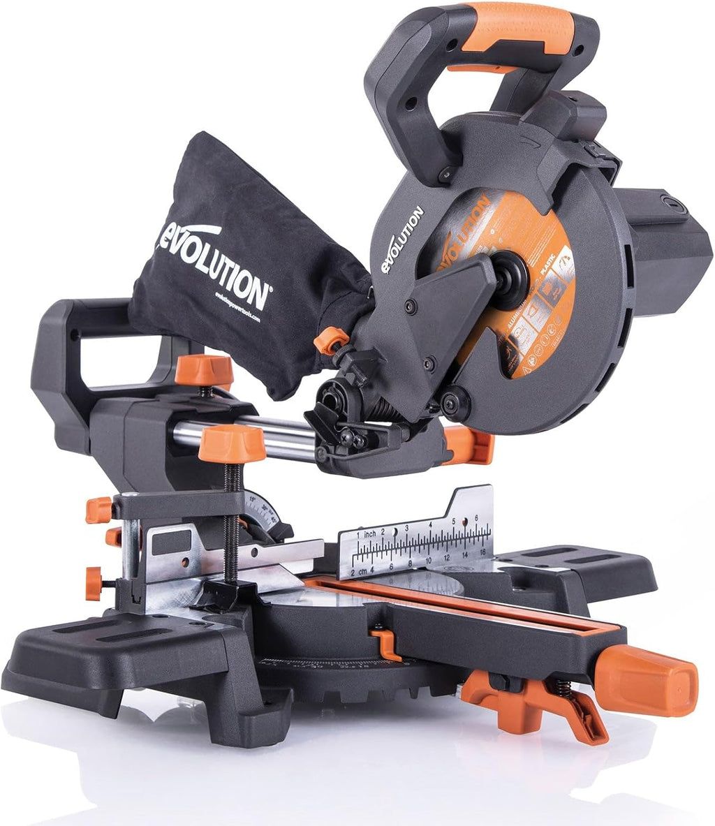 Evolution Power Tools R185SMS+ Sliding Miter Saw with Multi-Material Cutting, 45 Degree Bevel, 50 Degree Miter, 210 mm Slide, Blade Included Cuts Wood Plastic Metal & More, 7-1/4'