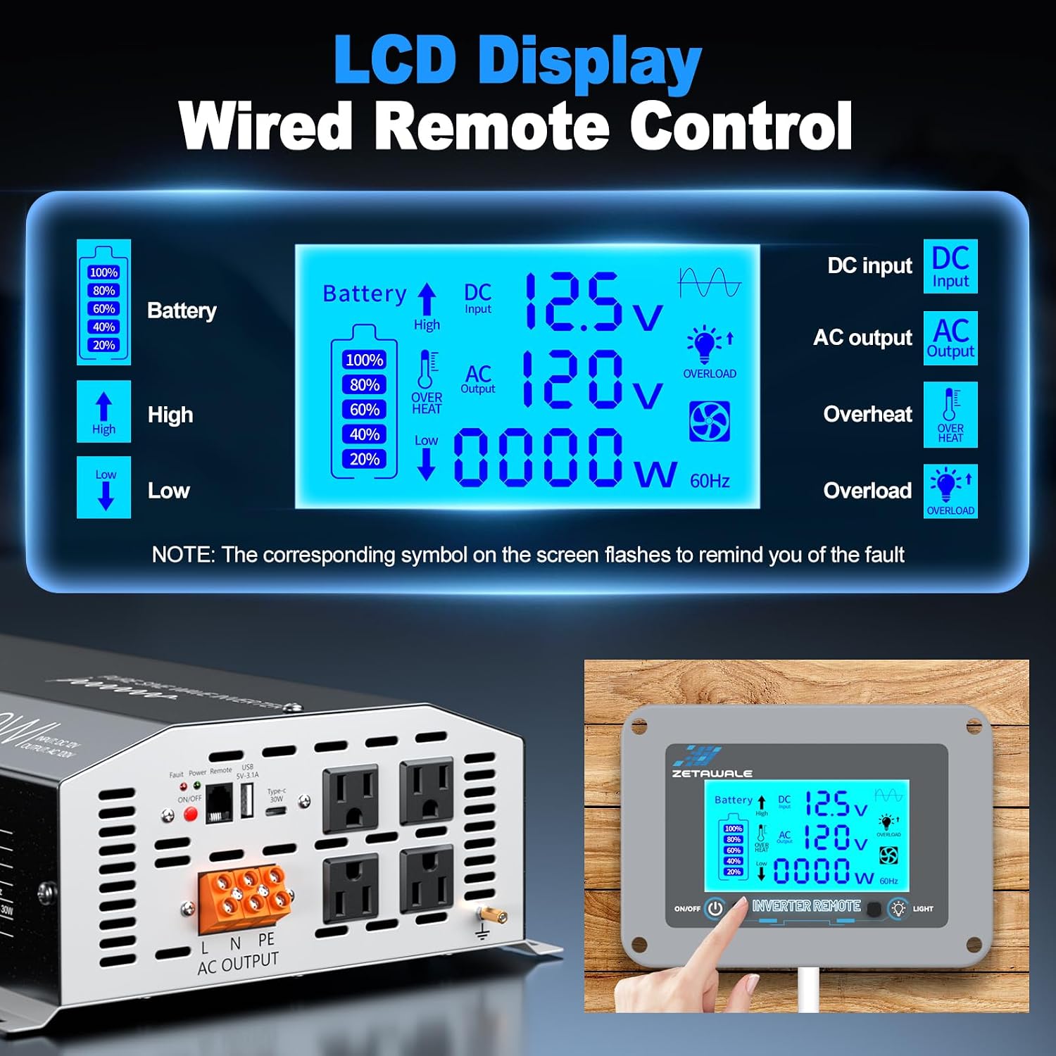 2000 Watts Pure Sine Wave Inverter 12V DC to 110V/120V AC Converter, 4000W Peak, LCD Remote Control, 4 AC Outlets, USB & Type-C – for RV, Truck, Off-Grid Solar, Emergency Power Backup